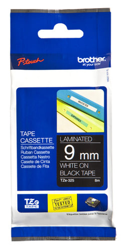 Brother TZE-325 DirectLabel white on black Laminat 9mm x 8m for Brother P-Touch TZ 3.5-18mm/6-12mm/6-18mm/6-24mm/6-36mm