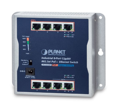 PLANET IP30 Industrial 8-Port Unmanaged Gigabit Ethernet (10/100/1000) Power over Ethernet (PoE) Grey