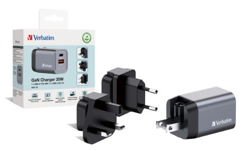 Verbatim GNC-35 GaN Charger 35W with 1 x USB-C PD 35W / 1 x USB-A QC 3.0 (EU/UK/US)