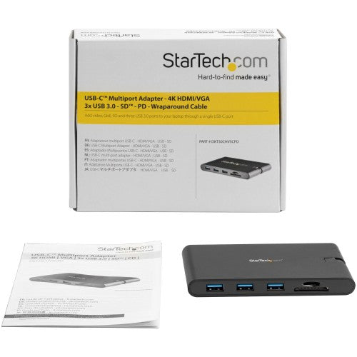 StarTech.com USB C Multiport Adapter - USB Type-C Mini Dock with HDMI 4K or VGA 1080p Video - 100W Power Delivery Passthrough, 3-port USB 3.0 Hub, GbE, SD & MicroSD - Laptop Travel Dock