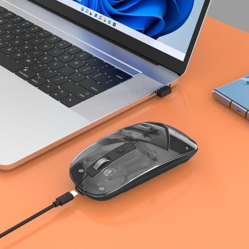 Manhattan Transparent Rechageable Wireless Mouse, Clear/Black, Adjustable 800/1200/1600dpi, With RGB LED light, 2.4Ghz (effective range up to 10m), USB, Optical, Ambidextrous, Four Button with Scroll Wheel, Slim Design, USB-A micro receiver, Lithium Ion b