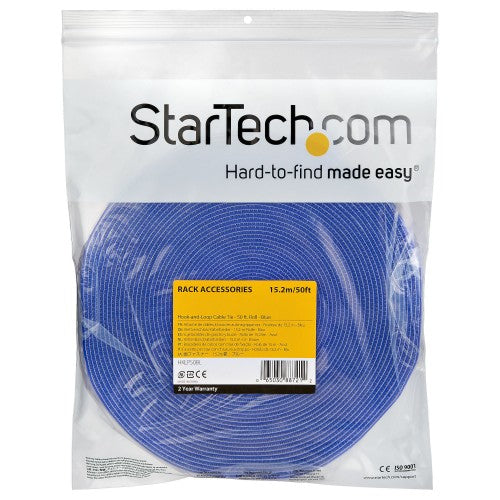StarTech.com 50ft Hook and Loop Roll - Cut-to-Size Reusable Cable Ties - Bulk Industrial Wire Fastener Tape /Adjustable Fabric Wraps Blue / Resuable Self Gripping Cable Management Straps