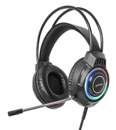 Manhattan RGB LED Over-Ear USB Gaming Headset (Clearance Pricing), Wired, USB-A Plug, Stereo Sound, Adjustable Microphone, Integrated Volume Control, Color-LED Lighting, 2m Cable, Black