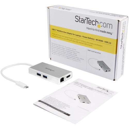 StarTech.com USB-C Multiport Adapter - USB-C Travel Docking Station w/ 4K HDMI - 60W Power Delivery Pass-Through, GbE, 2pt USB-A 3.0 Hub - Portable Mini USB Type-C Dock for Laptop - White
