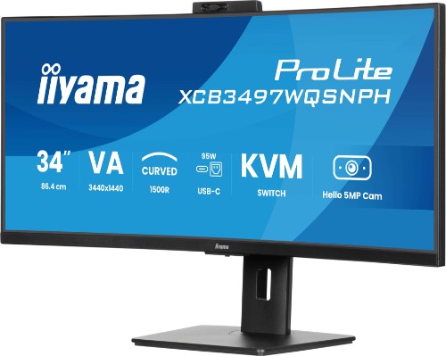 iiyama ProLite 34’’ VA UWQHD curved monitor with a built-in Windows Hello camera and microphone, USB-C Dock, LAN, KVM-Switch and 15cm height adjustable stand