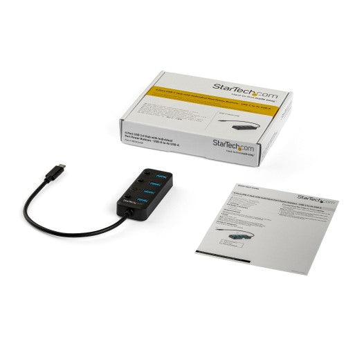 StarTech.com 4 Port USB C Hub - USB-C to 4x USB 3.0 Type-A Ports with Individual On/Off Port Switches - SuperSpeed 5Gbps USB 3.1/3.2 Gen 1 - USB Bus Powered - Portable - 25cm Attached Cable~4 Port USB C Hub - USB-C to 4x USB 3.0 Type-A Ports with Individu