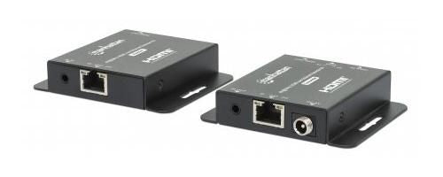 Manhattan 4K HDMI over Ethernet Extender Kit, Extends 4K@30Hz signal up to 40m or a 1080p@60Hz signal up to 70m with a single Cat6 Ethernet Cable, Transmitter and Receiver, Power over Cable (PoC), Black, Three Year Warranty