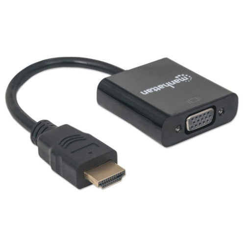 Manhattan HDMI to VGA Converter cable, 1080p, 30cm, Male to Female, Micro-USB Power Input Port for additional power if needed, Black, Three Year Warranty, Equivalent to HD2VGAE2.