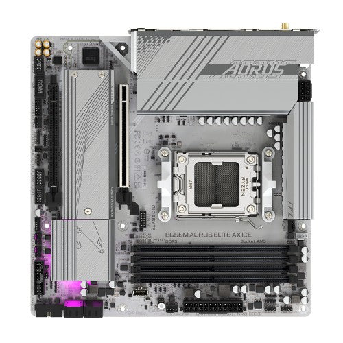 GIGABYTE B650M AORUS ELITE AX ICE Motherboard - AMD Ryzen 9000 Series CPUs, 12+2+2 Phases VRM, up to 8000MHz DDR5 (OC), 1xPCIe 5.0 + 1xPCIe 4.0 M.2, 2.5GbE LAN, WIFI 6E, USB 3.2 Gen 2x2