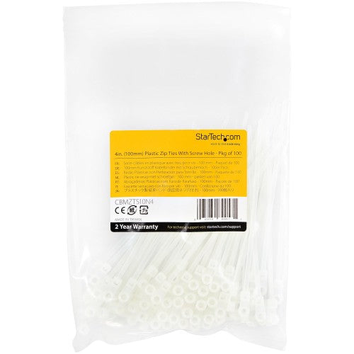 StarTech.com 4"(10cm) Cable Ties with Mounting Hole - 1/16"(2mm) wide, 7/8"(24mm) Bundle Dia. 18lb(8kg) Tensile Strength, Nylon 66 Self Locking Ties w/Screw Hole, UL Listed, 100 Pack