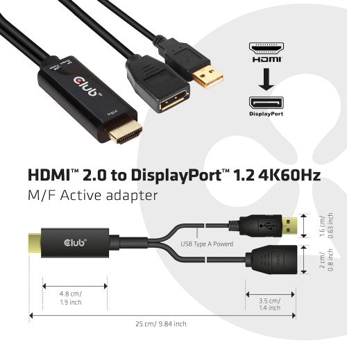 CLUB3D HDMI 2.0 TO DISPLAYPORT 1.2 4K60HZ HDR M/F ACTIVE ADAPTER Black