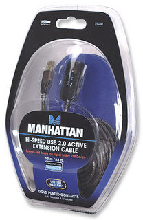 Manhattan USB-A to USB-A Extension Cable, 10m, Male to Female, Active, 480 Mbps (USB 2.0), Daisy-Chainable, Built In Repeater, Hi-Speed USB, Black, Three Year Warranty, Equivalent to USB2AAEXT10M.