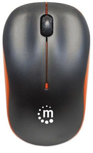 Manhattan Success Wireless Mouse, Black/Orange, 1000dpi, 2.4Ghz (up to 10m), USB, Optical, Three Button with Scroll Wheel, USB micro receiver, AA battery (included), Low friction base, Three Year Warranty