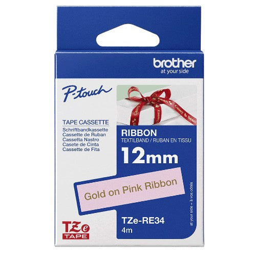 Brother TZE-RE34 DirectLabel gold on pink non adhesive textil 12mm x 4m for Brother P-Touch TZ 3.5-18mm/6-12mm/6-18mm/6-24mm/6-36mm