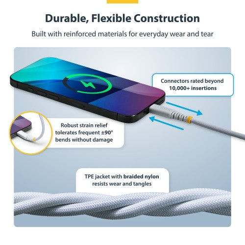 StarTech.com 15cm (6in) White USB-C Charging Cable, 60W (3A) PD, Dual-Layer Braided Nylon/TPE Jacket, Rugged USB C Charging Cord, USB 2.0 Laptop Charger Cable