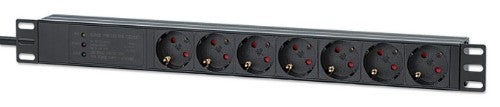 Intellinet 19" 1U Rackmount 7-Output Power Distribution Unit (PDU) / Surge Protector, EU CEE 7/3 Outlets, 500 Joule/19,500 A Surge Protection, Built-in 3 m Power Cord with EU CEE 7/7 Plug, 16 A, Horizontal Mount, Aluminum, Black