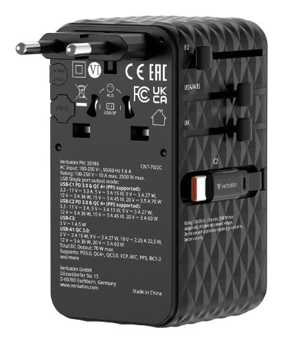 Verbatim Charge 'n' Travel 70W 2C retractable Universal Travel Adapter Black