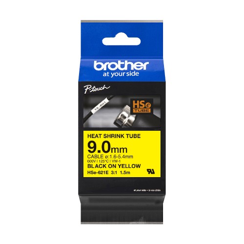 Brother HSE-621E Heat Shrink Tubes black on yellow 9mm x 1,5m for Brother P-Touch TZ 3.5-18mm HSE/24mm HSE/36mm HSE