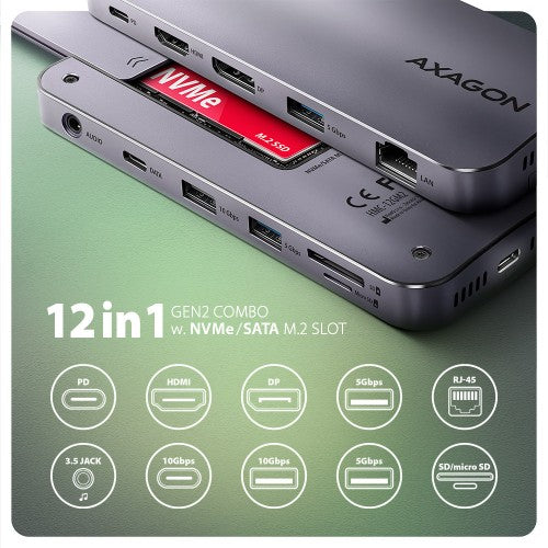 Axagon HMC-12GM2, USB 10Gbps hub, 3x USB-A, USB-C, HDMI, DP, RJ-45, M.2, SD/mSD, audio, PD