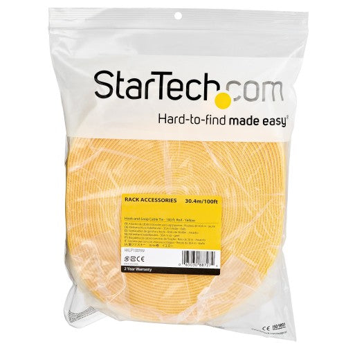 StarTech.com 100ft Hook and Loop Roll - Cut-to-Size Reusable Cable Ties - Bulk Industrial Wire Fastener Tape /Adjustable Fabric Wraps Yellow / Resuable Self Gripping Cable Management Straps