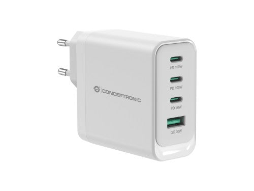 Conceptronic ALTHEA22W100 4-Port 100W GaN USB PD Charger, USB-C x 3, USB-A x 1, QC 3.0, PPS, PD 3.0