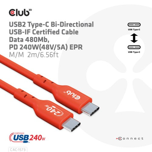CLUB3D USB2 Type-C Bi-Directional Cable, Data 480Mb,PD 240W(48V/5A) EPR M/M 2m