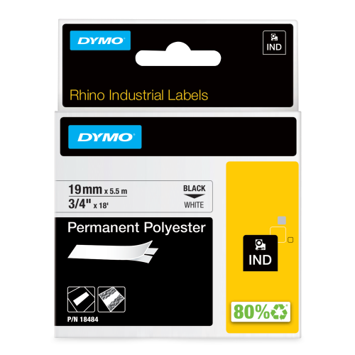 DYMO Rhino Industrial Permanent Polyester Labels | 19mm x 5.5m | Black Print on White | Self-Adhesive | for Rhino & LabelManager Label Makers