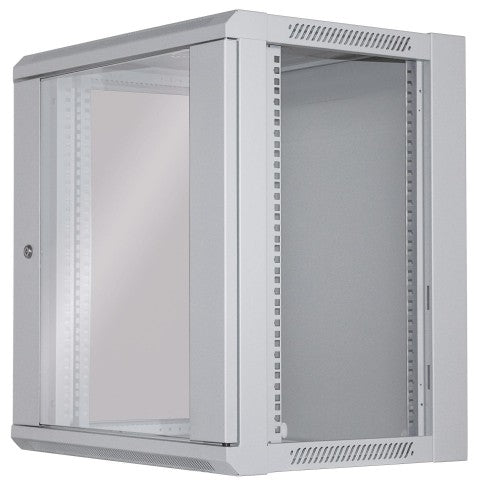 Intellinet 19" Network Cabinet - Wall Mount (Standard), 12U, 450mm Deep, Grey, Flatpack, Max 60kg, Suitable also for use on desk or floor, Usable Depth 260mm, Metal & Glass Door, Back Panel, Removeable Sides, Parts for wall install (eg screws/rawl plugs)