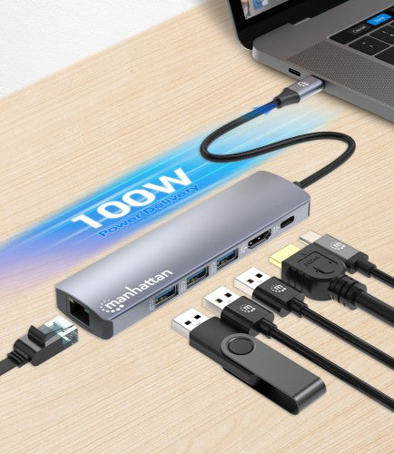 Manhattan USB-C Dock/Hub, Ports (x6): Ethernet, HDMI, USB-A (x3) and USB-C, With Power Delivery (100W) to USB-C Port (Note additional USB-C wall charger and USB-C cable needed), USB 3.2 Gen 1, All Ports can be used at the same time, Universal for all devi
