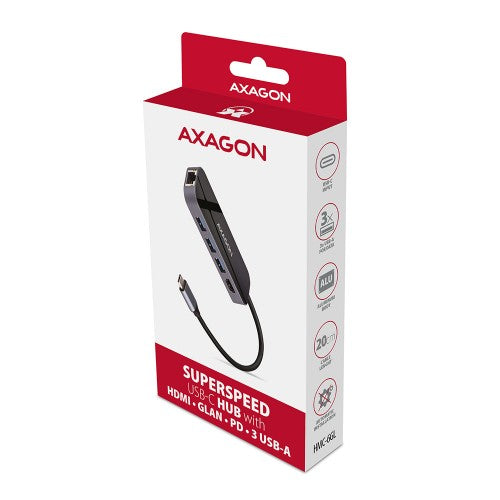 Axagon HMC-6GL USB 3.2 Gen 1 hub, 3x USB-A, HDMI 4k/30Hz, RJ-45, PD 100W, 20cm USB-C cable