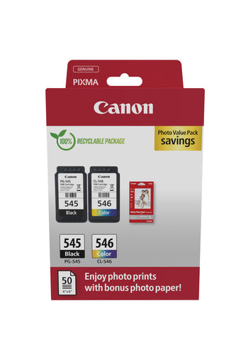 Canon 8287B008/PG-545+CL-546 Printhead cartridge multi pack black + color + Photopaper 50 sheet, 2x180 pages ISO/IEC 24711 8ml Pack=2 for Canon Pixma MG 2450
