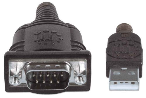 Manhattan USB-A to Serial Converter cable, 1.8m, Male to Male, Serial/RS232/COM/DB9, Prolific PL-2303RA Chip, Black/Silver cable, Three Years Warranty