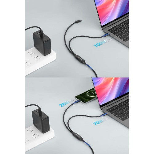 Manhattan Dual USB-C to USB-C Charging Cable, 100W, 2m, Male to Two Males, Smart Power Splitter Cable, Charges Two Devices from One USB-C PD Port, Delivers up to 100W for single charging and up to 70W + 28W for dual charging, Braided Jacket, Aluminum Boot