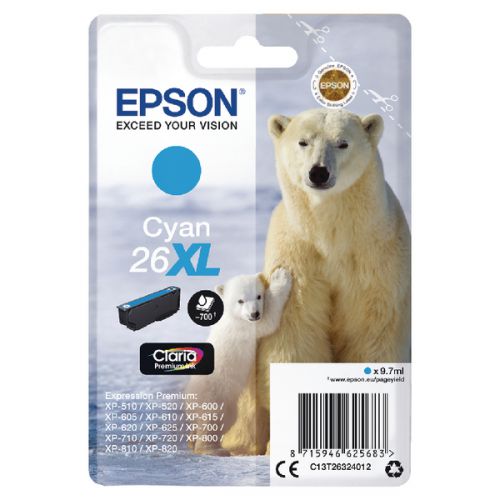 Epson C13T26324012/26XL Ink cartridge cyan high-capacity XL, 700 pages 9,7ml for Epson XP 600