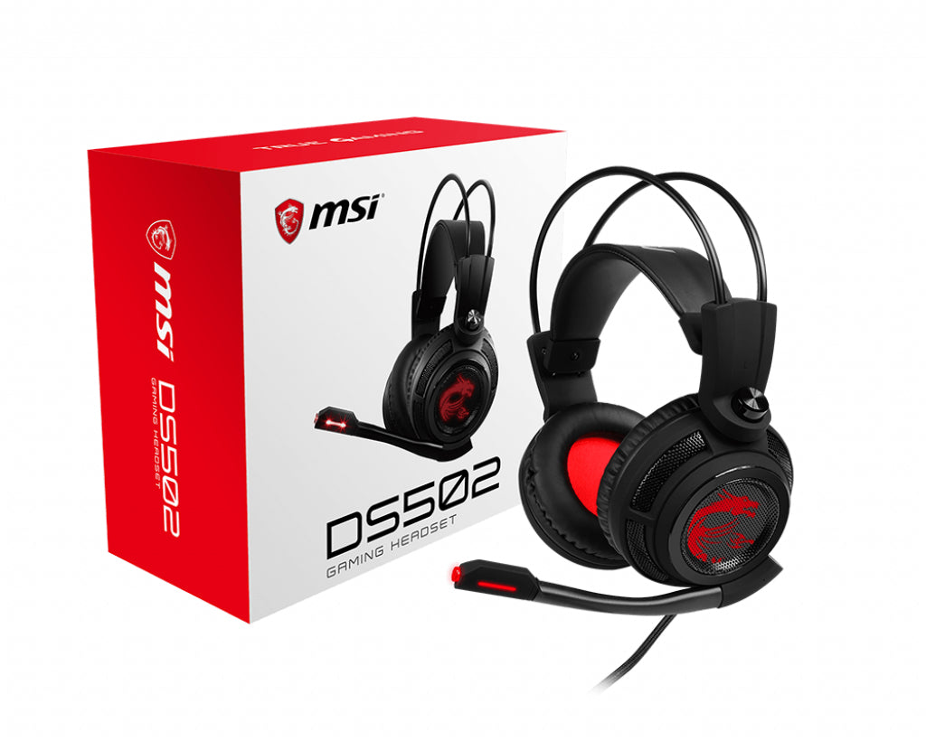 MSI DS502 7.1 Virtual Surround Sound Gaming Headset 'Black with Ambient Dragon Logo, Wired USB connector, 40mm Drivers, inline Smart Audio Controller, Ergonomic Design'