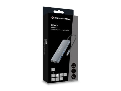 Conceptronic DONN06G 10-in-1 USB 3.2 Gen 1 Docking Station, HDMI, 100W USB PD, USB-C 5Gbps x 2, USB-A 5Gbps x 3, SD, TF/MicroSD, GbE