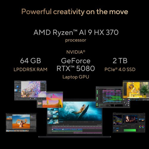 ASUS ProArt P16 H7606WW-SE006W Copilot+ PC AMD Ryzen AI 9 HX 370 Laptop 40.6 cm (16") Touchscreen WQUXGA 64 GB LPDDR5x-SDRAM 2 TB SSD NVIDIA GeForce RTX 5080 Wi-Fi 7 (802.11be) Windows 11 Home Black