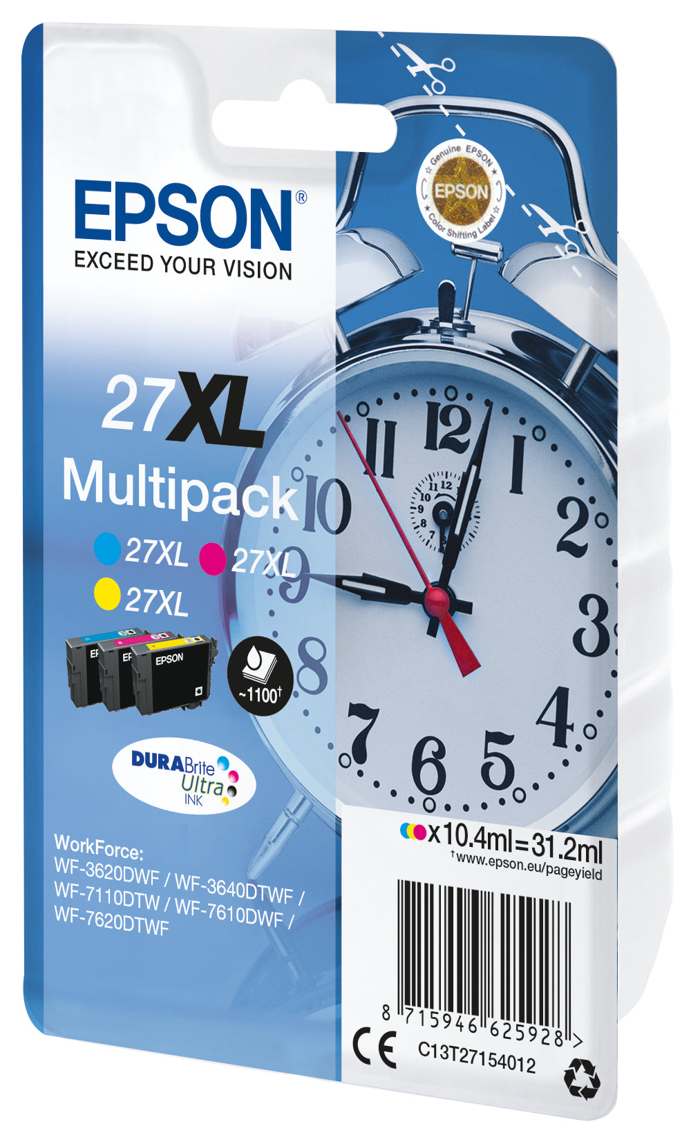 Epson C13T27154022/27XL Ink cartridge multi pack C,M,Y high-capacity Blister Acustic Magnetic 3x1100pg, 3x10,4ml Pack=3 for Epson WF 3620