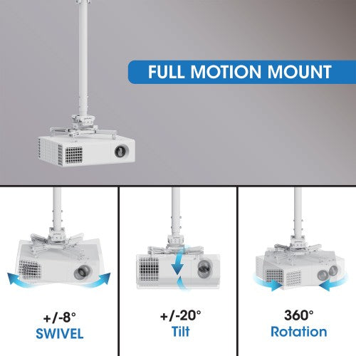Manhattan Projector Mount, Ceiling, Universal, Full Motion, Height Range: 745 to 1145mm, Max 35kg, White, 360° rotation, +/-20° Tilt, and +/-8° Swivel, Lifetime Warranty