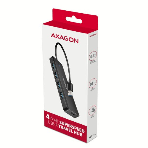 Axagon HUE-C1A 4x USB 5Gbps TRAVEL hub, USB-C power IN, 19cm USB-A cable