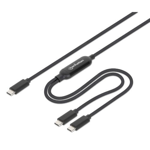 Manhattan Dual USB-C to USB-C Charging Cable, 100W, 2m, Male to Two Males, Smart Power Splitter Cable, Charges Two Devices from One USB-C PD Port, Delivers up to 100W for single charging and up to 70W + 28W for dual charging, Braided Jacket, Aluminum Boot