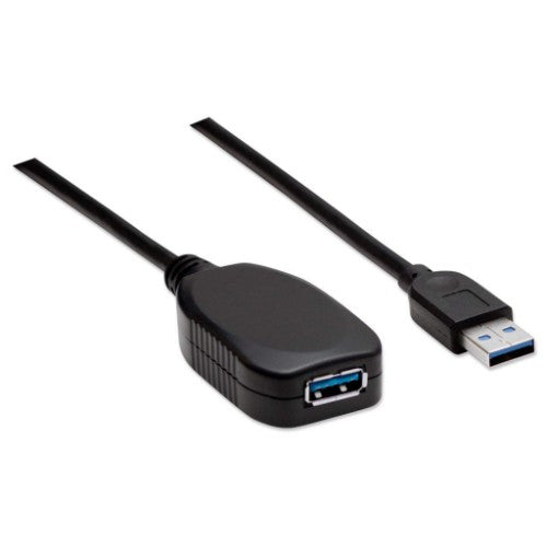 Manhattan USB-A to USB-A Extension Cable, 5m, Male to Female, Active, 5 Gbps (USB 3.2 Gen1 aka USB 3.0), Built In Repeater, SuperSpeed USB, Black, Three Year Warranty, Equivalent to USB2AAEXT5M.