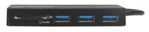 Manhattan USB-C Dock/Hub with Card Reader, Ports (x3): USB-A (x3), 5 Gbps (USB 3.2 Gen1 aka USB 3.0), External Power Supply Not Needed, Universal for all devices, SuperSpeed USB, Black, Three Year Warranty
