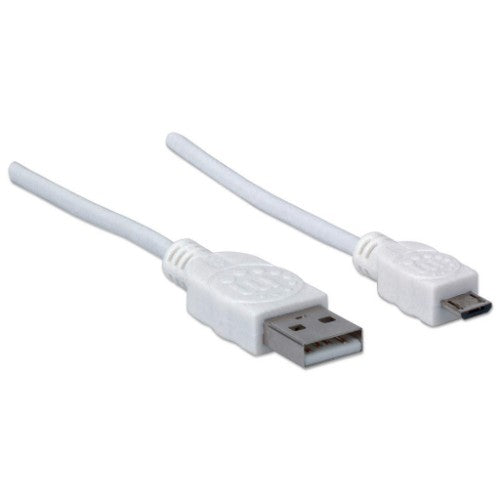 Manhattan USB-A to Micro-USB Cable, 1m, Male to Male, White, 480 Mbps (USB 2.0), Hi-Speed USB, Lifetime Warranty, Equivalent to USBPAUB1MW.