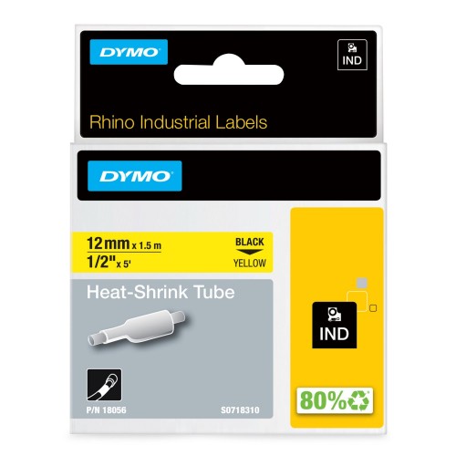 Dymo 18056/S0718310 Heat Shrink Tubes black on yellow 12mm x 1,5m for Dymo Rhino 6-12mm/19mm/24mm