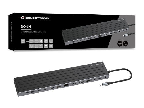 Conceptronic DONN32B 14-in-1 MST Docking Station USB 3.2 Gen 1, HDMI x 2, DP, GbE LAN, USB-A 5Gbps x 3, USB-C 5Gbps x 2, SD, TF/MicroSD, 3.5mm headset, Security Slot, 100W USB PD