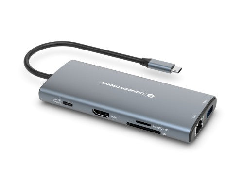 Conceptronic DONN06G 10-in-1 USB 3.2 Gen 1 Docking Station, HDMI, 100W USB PD, USB-C 5Gbps x 2, USB-A 5Gbps x 3, SD, TF/MicroSD, GbE