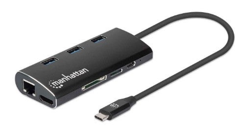 Manhattan USB-C Dock/Hub with Card Reader, Ports (x6): Ethernet, HDMI, USB-A (x3) and USB-C, With Power Delivery (100W) to USB-C Port (Note additional USB-C wall charger and USB-C cable needed), Universal for all devices, Aluminium, Equivalent to DKT30CSD