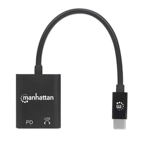Manhattan USB-C to USB-C Audio Adapter and USB-C (inc Power Delivery), Black, 480 Mbps (USB 2.0), Cable 11cm, With Power Delivery to USB-C Port (60W), Three Year Warranty