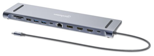 Manhattan USB-C Dock/Hub with Card Reader, Ports (x10): Audio 3.5mm, DisplayPort, Ethernet, HDMI (x2),USB-A (x3) and USB-C (x2),Power Delivery (100W) to USB-C Port (Note add USB-C wall charger and USB-C cable needed),All Ports can be used at the same time